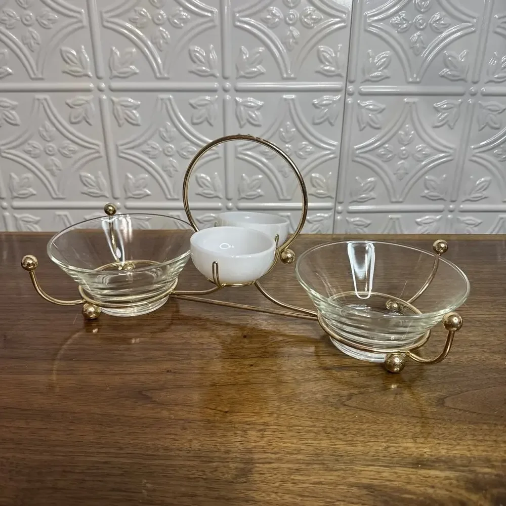 Vintage Libbey MCM Glass Gold Relish Condiment 4 Bowl Set Metal Gold tone Caddy